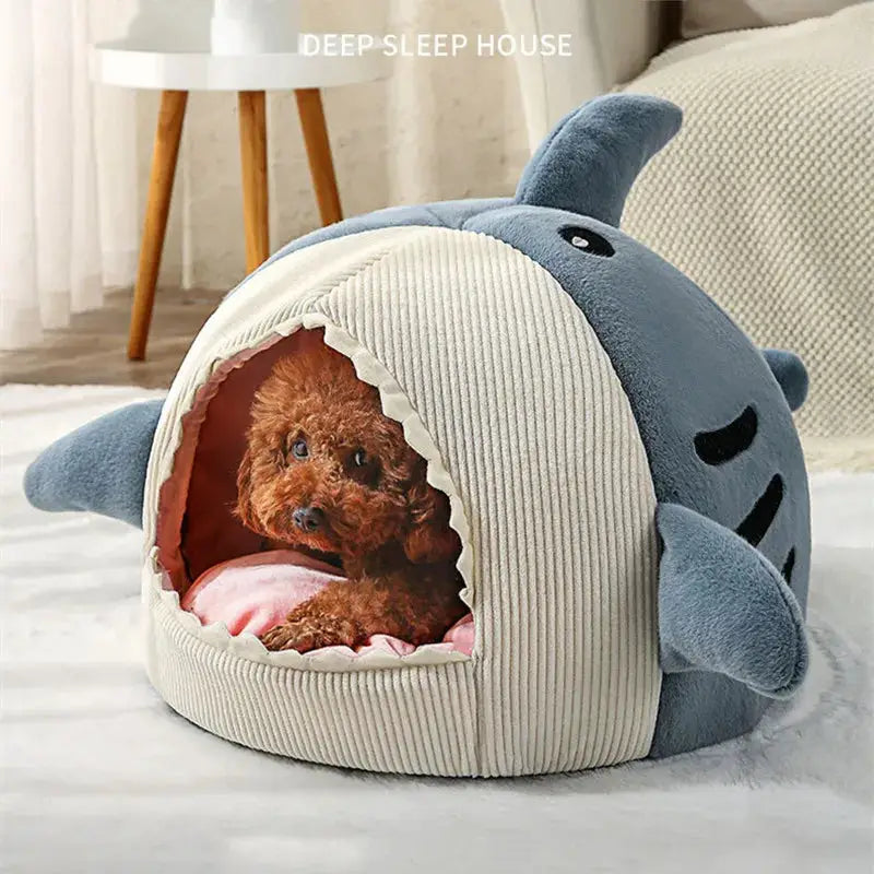 Cozy Plush Shark Pet Bed: Warm Semi-Enclosed Dog & Cat House