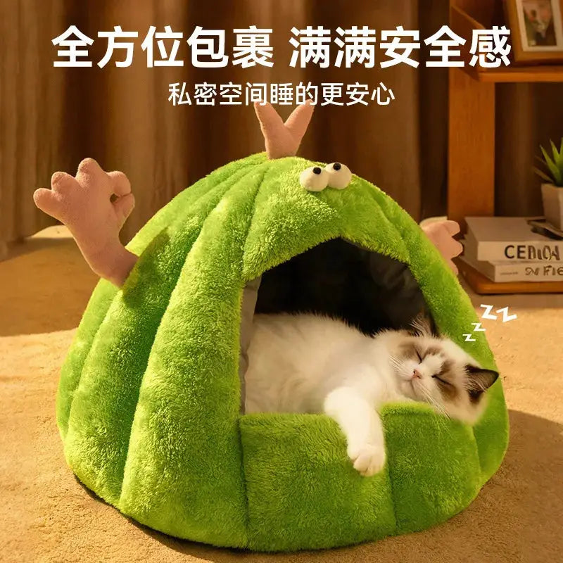 Plush Cat Nest Bed: Cozy Winter Warmth, Enclosed House, Washable Mat