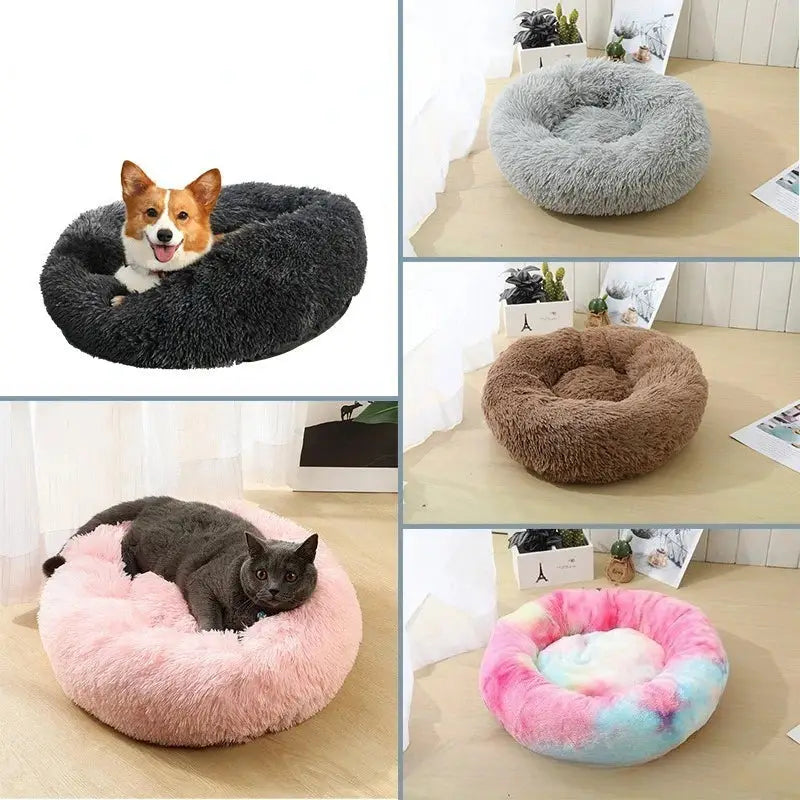 Cozy Round Plush Fleece Pet Bed Dogs Cats - Washable Comfort