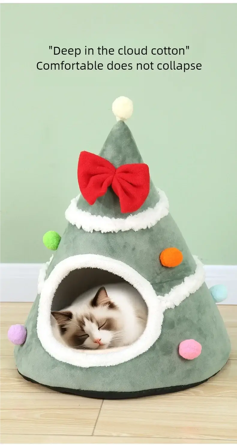 Cozy Christmas Tree Pet Lounger Cushion: Washable Warm Cat Dog House Bed