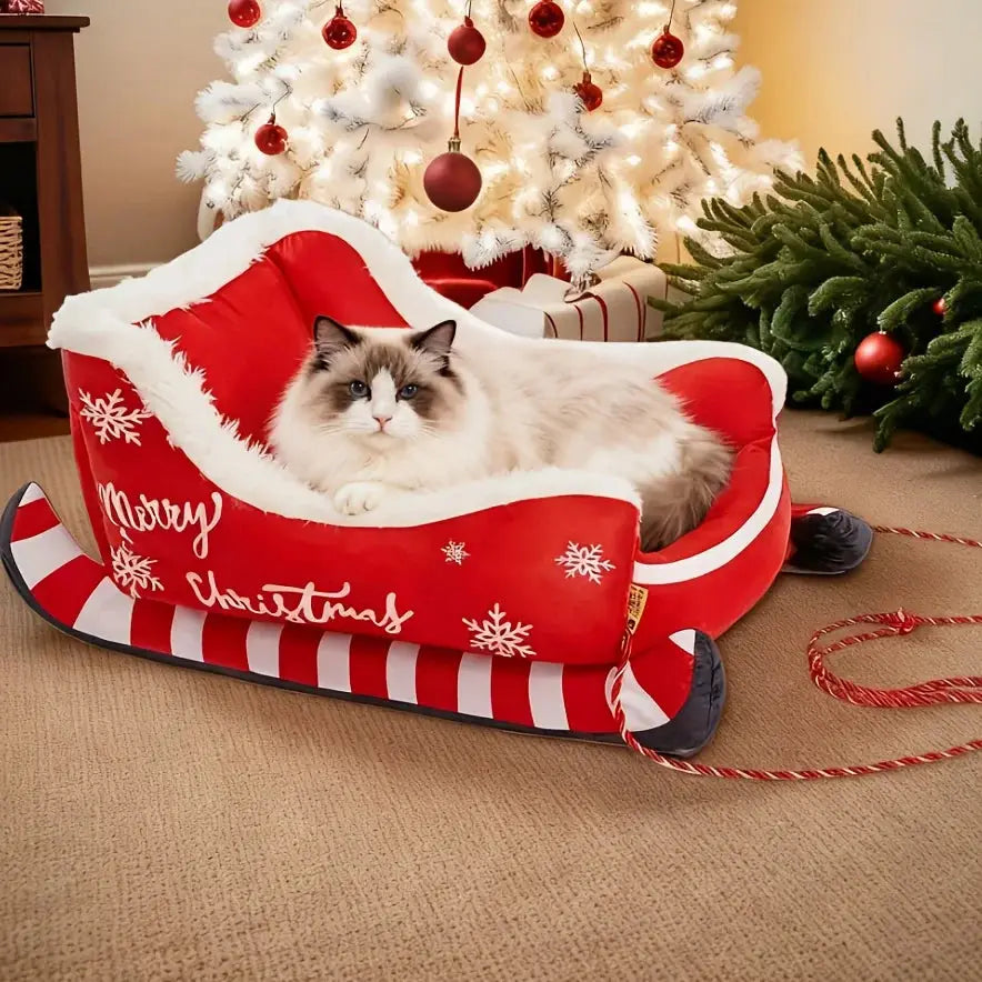 Premium Winter Christmas Sled Pet Bed: Anti-Slip Dog Cat Hammock Sofa