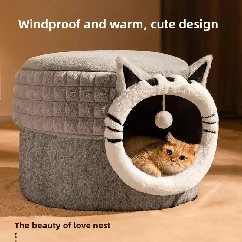 Cozy Enclosed Winter Cat Bed House - Warm Pet Nest for Kittens